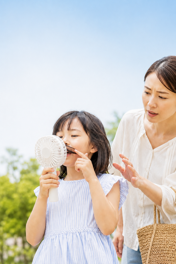 子供がハンディファンに手を伸ばす